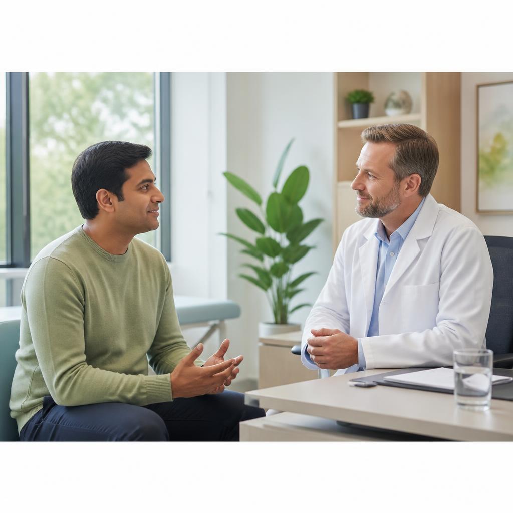 Patient speaking with a doctor in a modern outpatient clinic