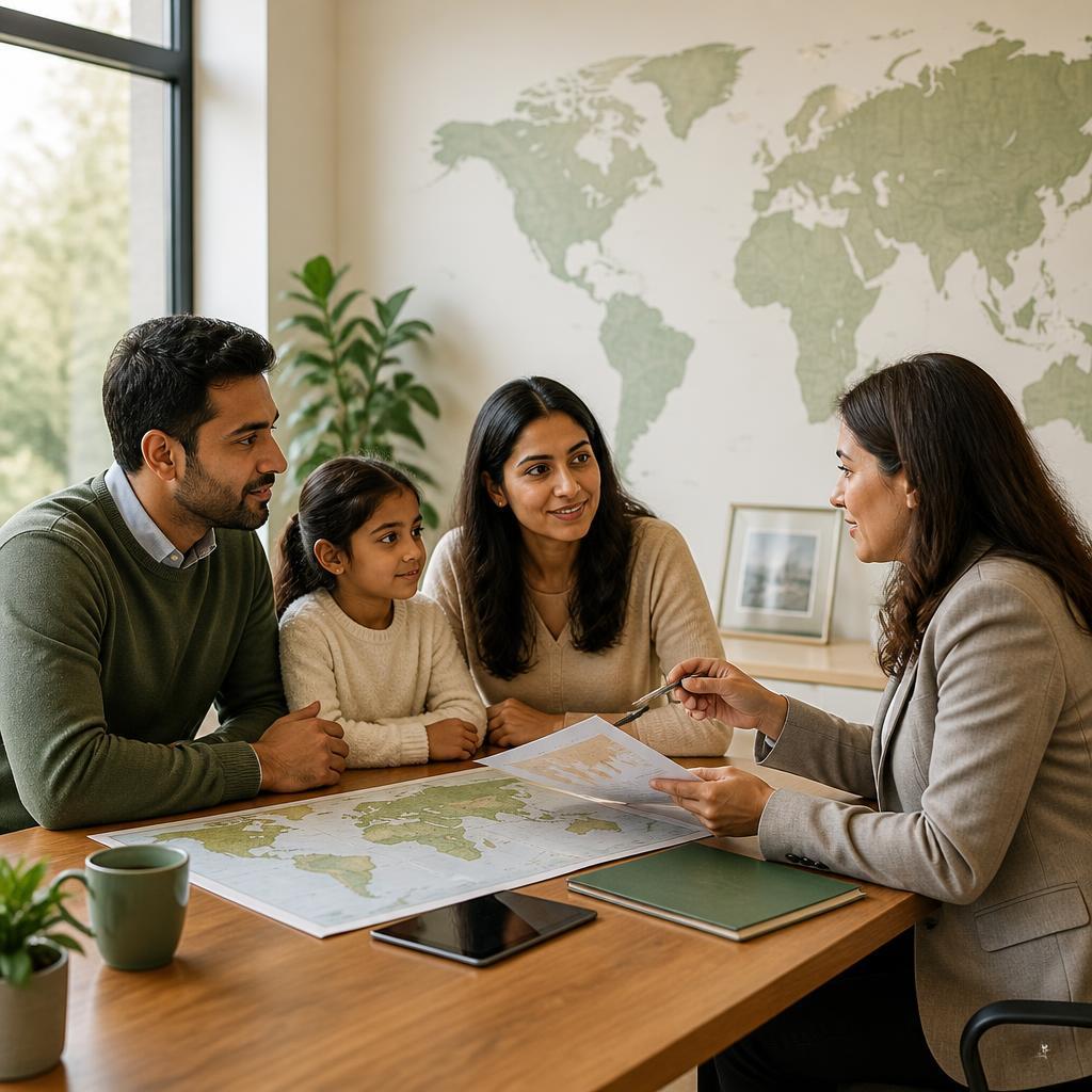 Family discussing planned medical travel with a healthcare adviser