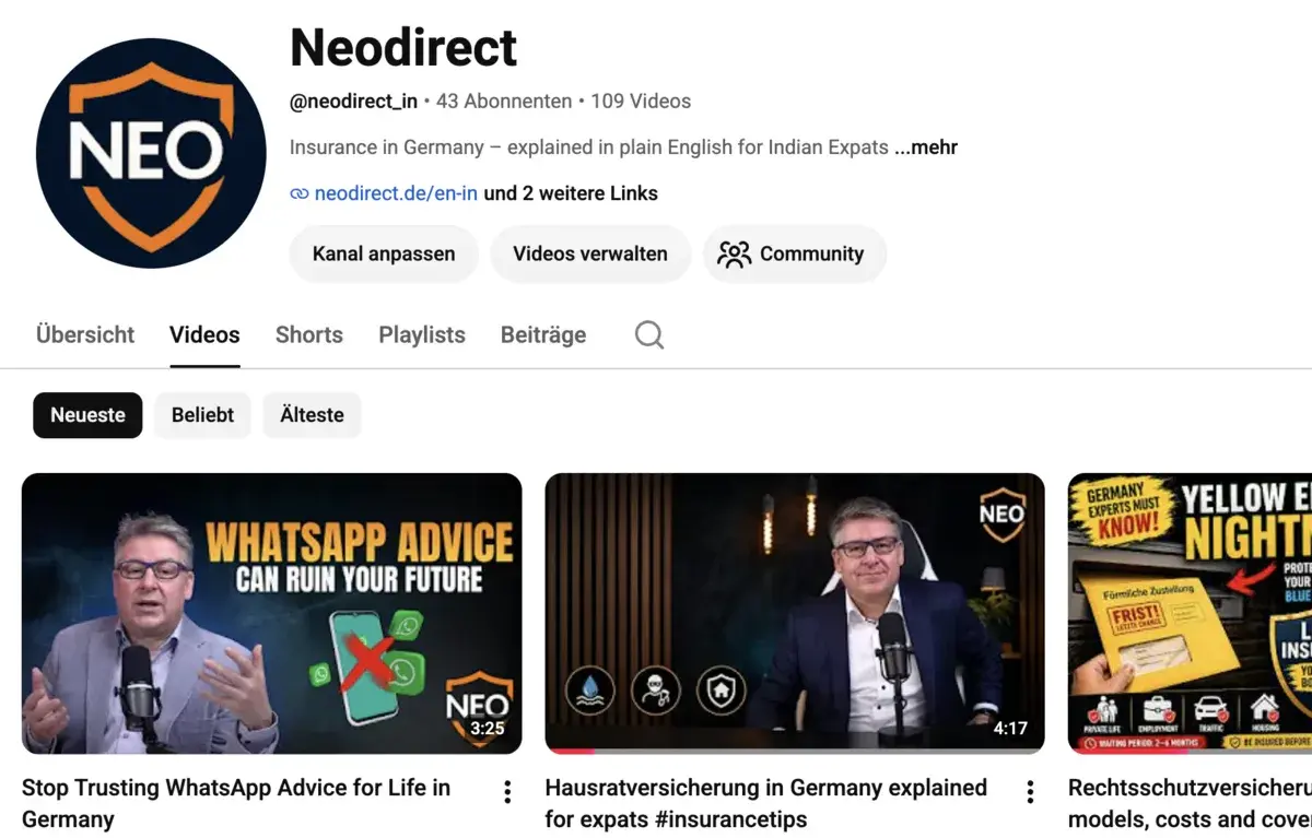 Screenshot of the NEOdirect YouTube channel, launched in May 2026 to explain the German system in plain English
